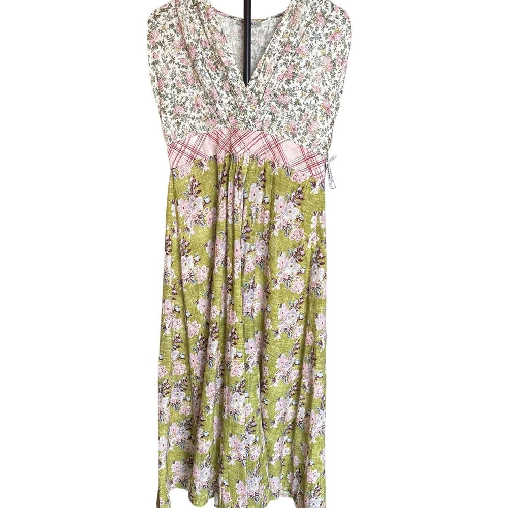 Bohemian Summer Dress Green & Pink Mixed Floral Sleeveless Cottagecore Dress M